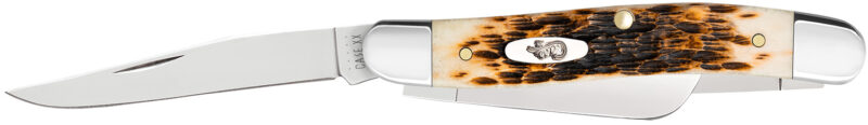 Case 00042 Stockman Medium 2.57"/1.88"/1.71" Folding Clip Point/Sheepsfoot/Spey Plain Mirror Polished Tru-Sharp SS Blade Peach Seed Jigged Amber Bone Handle