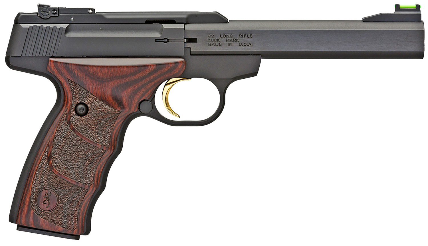 Browning 051429490 Buck Mark Plus *CA Compliant 22 LR 10+1 5.50″ Slab Side Barrel, Matte Black Serrated Steel Slide & Aluminum Frame, Brown Finger Grooved Laminate Grips