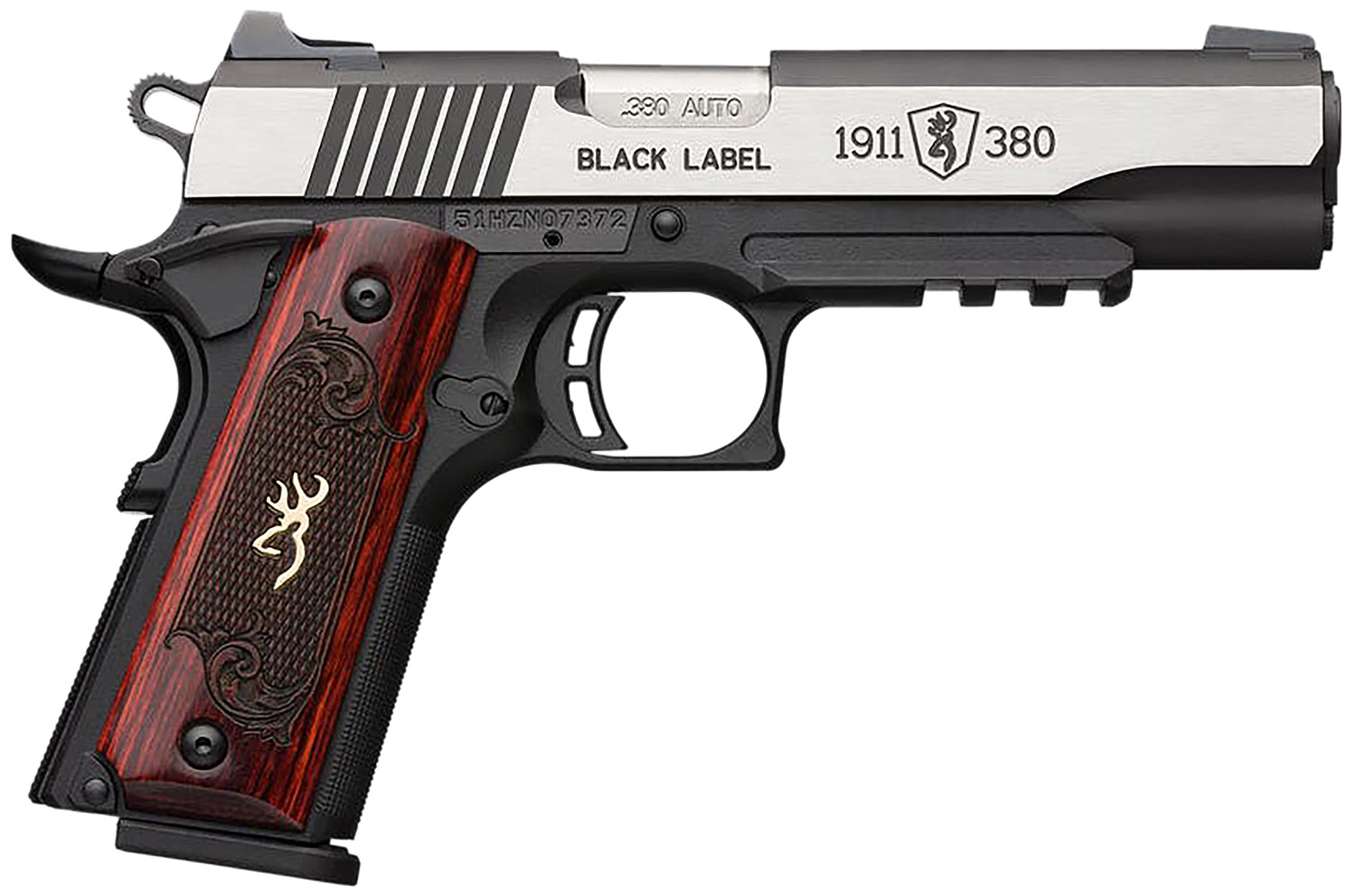 Browning 051969492 1911-380 Black Label Medallion Pro 380 ACP 4.25″ 8+1 Matte Black Stainless Steel with Black Accents Rosewood with Integrated Gold Buck Mark Inlay Grip Fixed 3-Dot Picatinny Rail