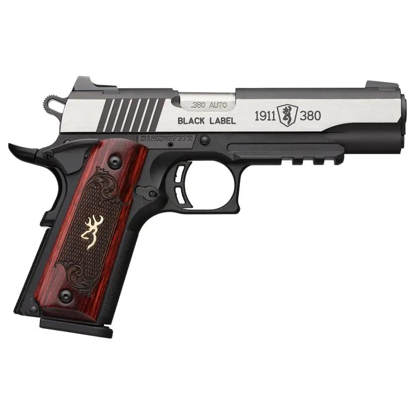 Browning 1911 380 Black Label Medallion Pro Handgun 380 ACP 8rd Magazine 3.625″ Barrel Black with Silver Slide and Wood Grip 3-Dot Sights Accessory Rail