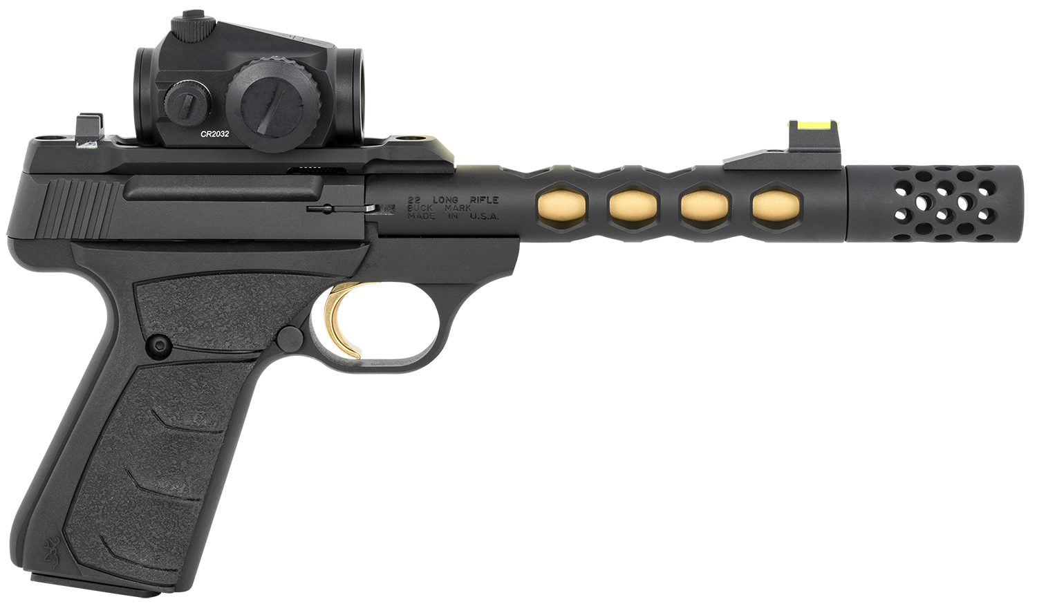 Browning 051582490 Buck Mark Vision SR 22 LR 10+1 5.90″ Black Anodized/Gold Cerakote Ported Threaded Barrel, Matte Black Serrated Slide & Aluminum Frame, Vortex Crossfire Red Dot