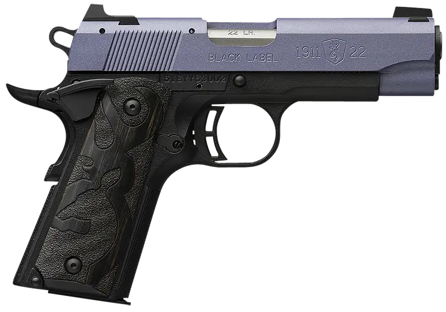 Browning 051894490 1911 Black Label Compact Frame 22 LR 10+1, 3.63″ Matte Stainless Steel Barrel, Crushed Orchid Cerakote Serrated Slide, Matte Black Polymer Frame w/Beavertail