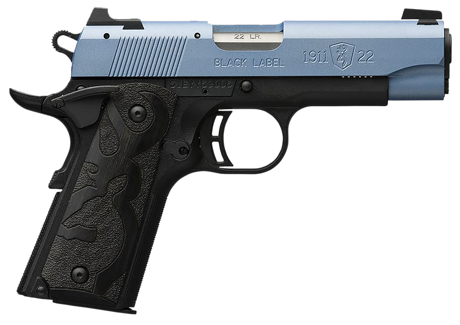 Browning 051898490 1911 Black Label Compact Frame 22 LR 10+1, 3.63″ Matte Stainless Steel Barrel, Polar Blue Cerakote Serrated Slide, Matte Black Polymer Frame w/Beavertail, Black Laminate Wood Grip