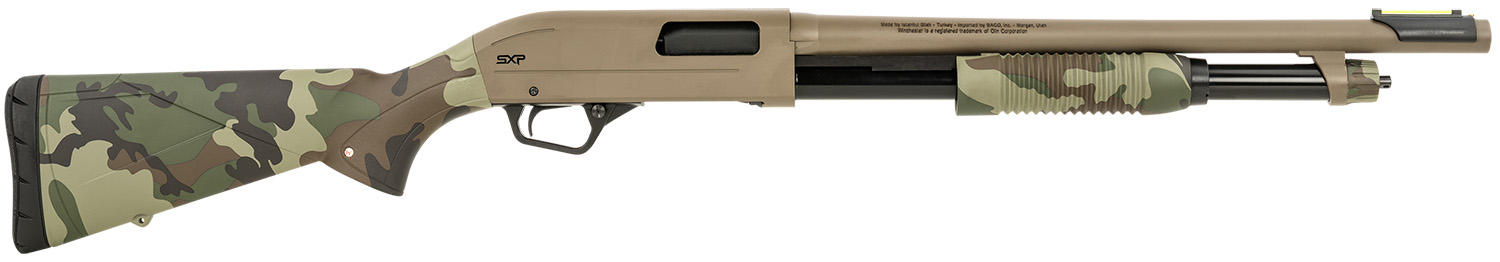 Winchester Repeating Arms 512435395 SXP Defender 12 Gauge 3″ 5+1 (2.75″) 18″ Barrel, FDE Drilled & Tapped Rec, Woodland Camo Textured Stock, Tactical Ribbed Forearm, Inflex Recoil Pad