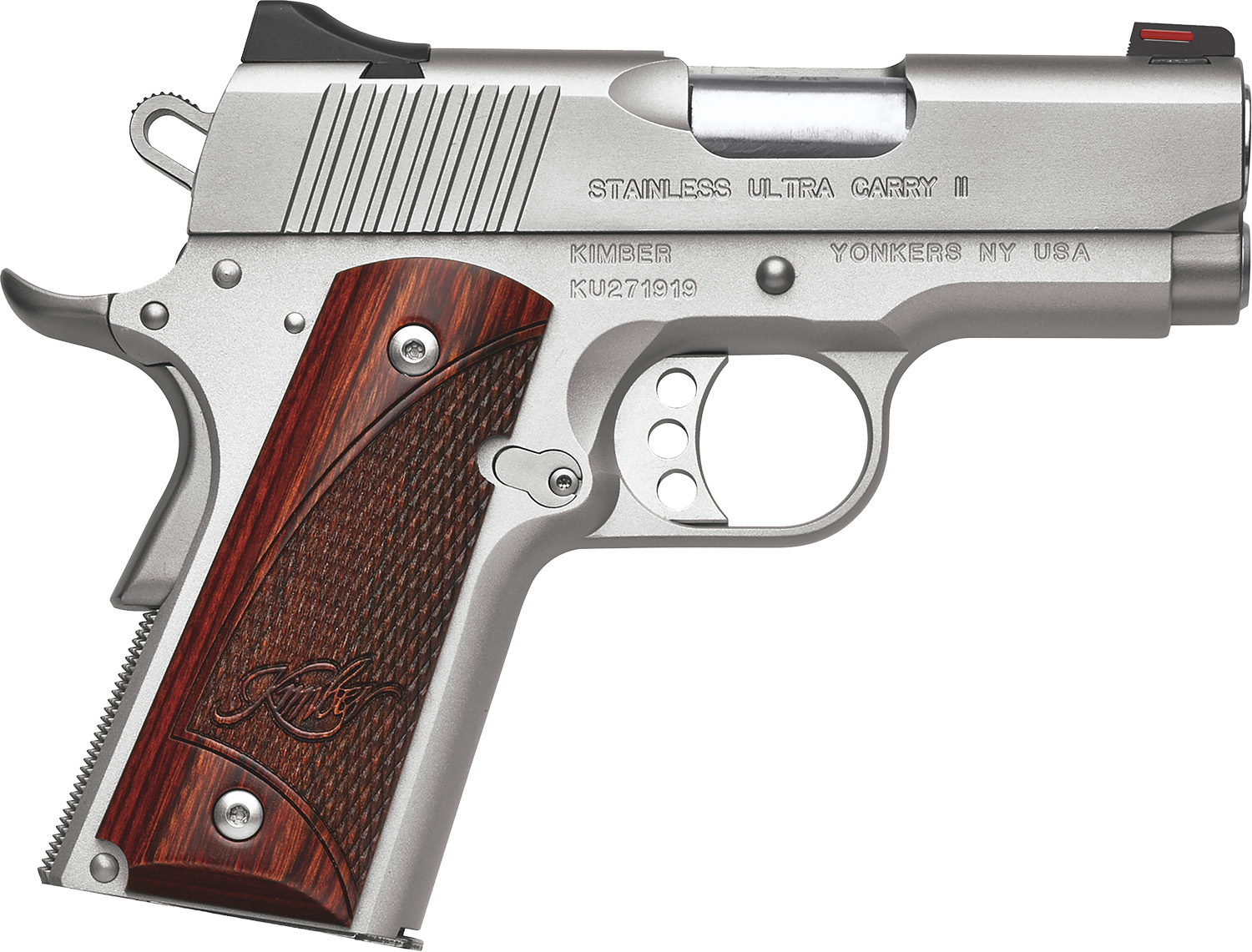 Kimber Mfg, Inc 3200330 Ultra Carry II 45 ACP 7+1 3″ Stainless Match Grade Barrel, Satin Silver Serrated Stainless Steel Slide, Satin Silver Aluminum Frame w/Beavertail, Rosewood Grip