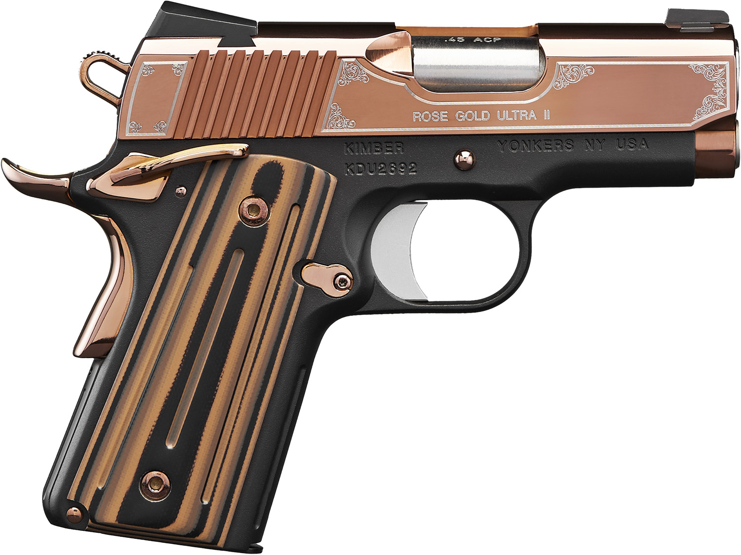 Kimber Mfg, Inc 3200373 Ultra II 45 ACP 7+1 3″ Stainless Match Grade Barrel, Engraved Rose Gold PVD Serrated Stainless Steel Slide, Kimpro II Black Aluminum Frame w/Beavertail, G10 Grip