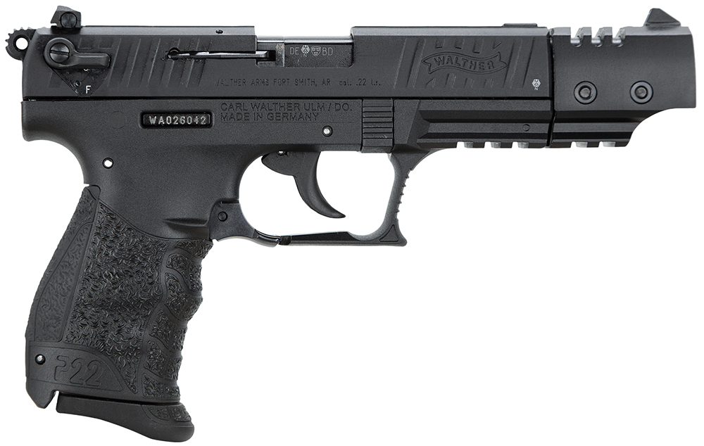 Walther Arms 5120334 P22 Target *CA Compliant 22 LR Caliber with 5″ Barrel, 10+1 Capacity, Black Finish Picatinny Rail Frame, Serrated Matte Black Tenifer Steel Slide & Interchangeable Backstrap Grip