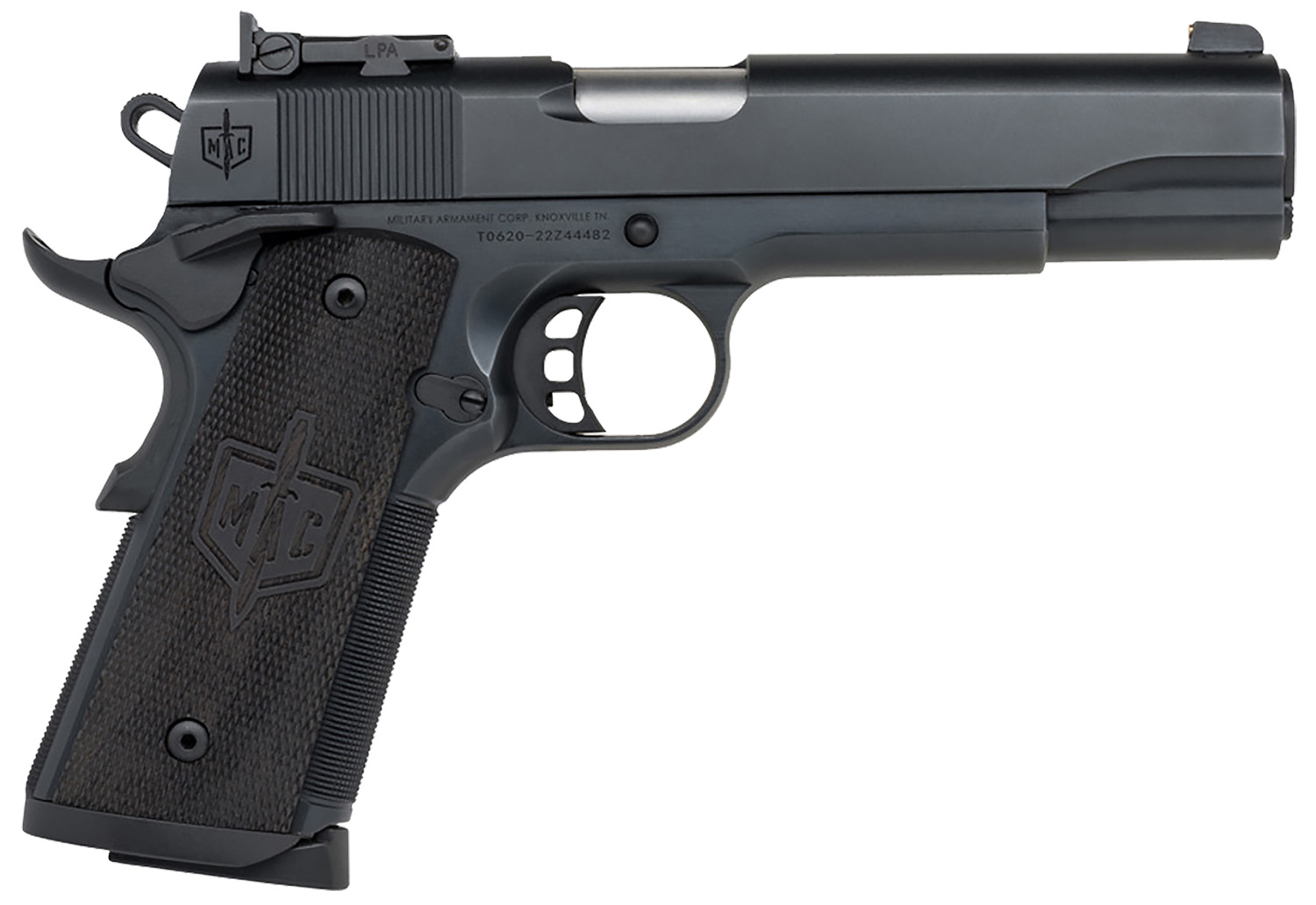 MAC 10100536 1911 JSOC 45 ACP 8+1, 5" Stainless Target w/11 Degree Crown Barrel, QPQ Tennifer Cerakote Serrated Steel Slide & Frame w/Checkered Front Strap & Beavertail, Turkish Walnut w/Logo Grip