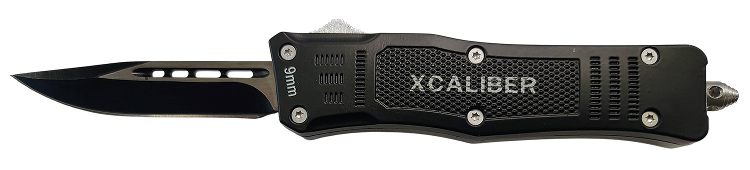 Xcaliber Knife Company  9mm  Small 2.75″ OTF Drop Point Black 440C SS Blade, 3.91″ Steel Handle