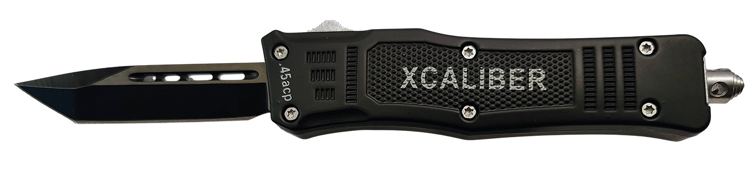 Xcaliber Knife Company  45 ACP  Small 2.75″ OTF Tanto Plain Black 440C SS Blade, 3.91″ Steel Handle