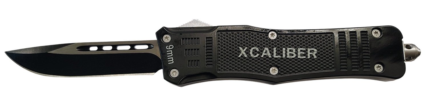 Xcaliber Knife Company  9mm  Large 3.80″ OTF Drop Point Black 440C SS Blade, 5.30″ Steel Handle