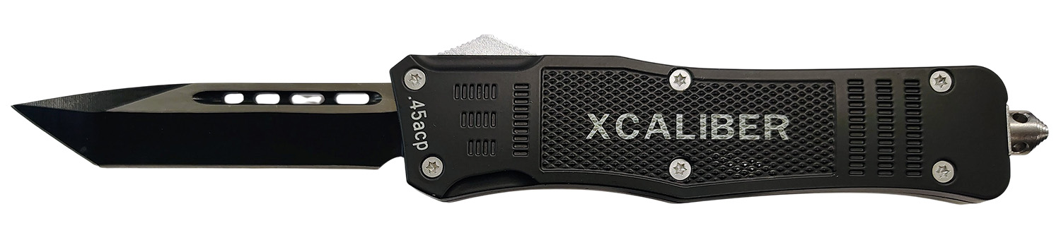 Xcaliber Knife Company  45 ACP  Large 3.80″ OTF Tanto Plain Black 440C SS Blade, 5.30″ Steel Handle