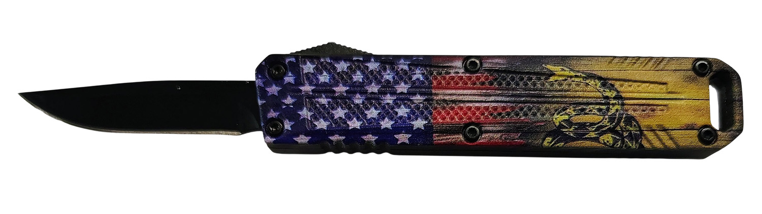 Xcaliber Knife Company  Drop Point  Mini 1.80″ OTF Drop Point Plain Black 440C SS Blade, 3.52″ US Flag Aluminum Handle