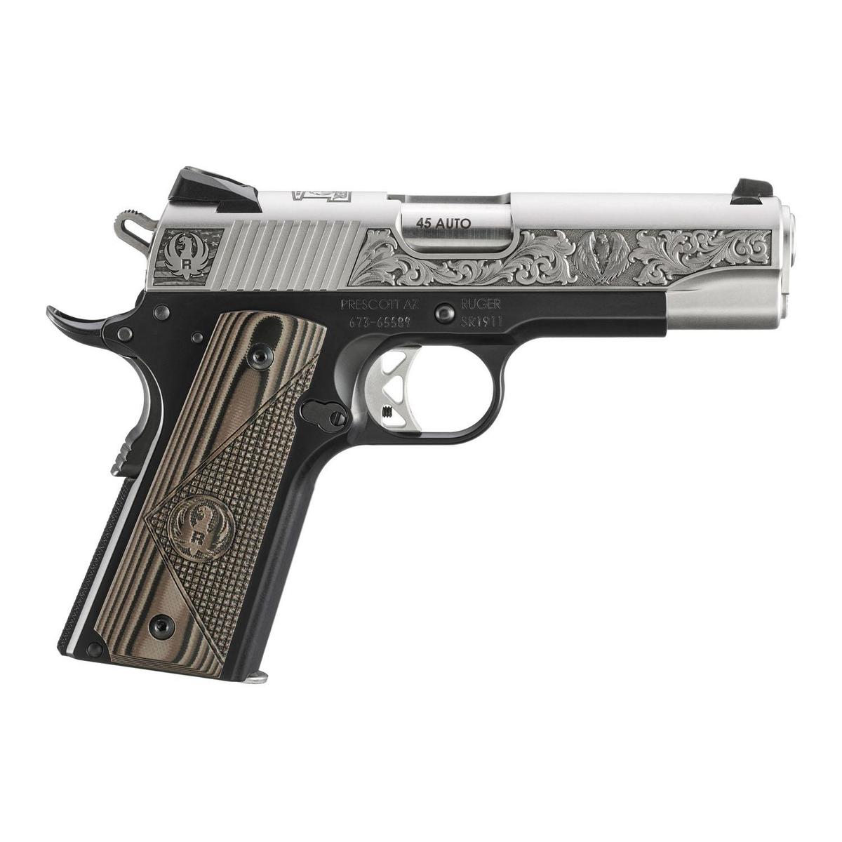Ruger SR1911 “200 Ruger Rd.” Street Edition Handgun 45 Auto 7rd Magazines(2) 4.25″ Barrel Engraved Frame G10 Grips