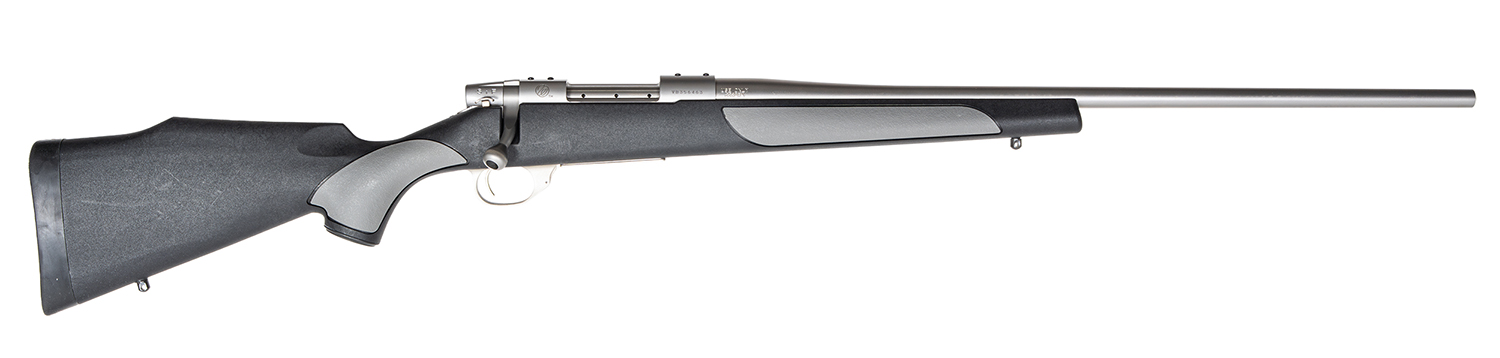 Weatherby  Vanguard Weatherguard Full Size 25-06 Rem 5+1 24″ Satin Threaded Barrel, Satin Stainless Steel Drilled & Tapped Receiver, Black/Gray Weatherguard Stock