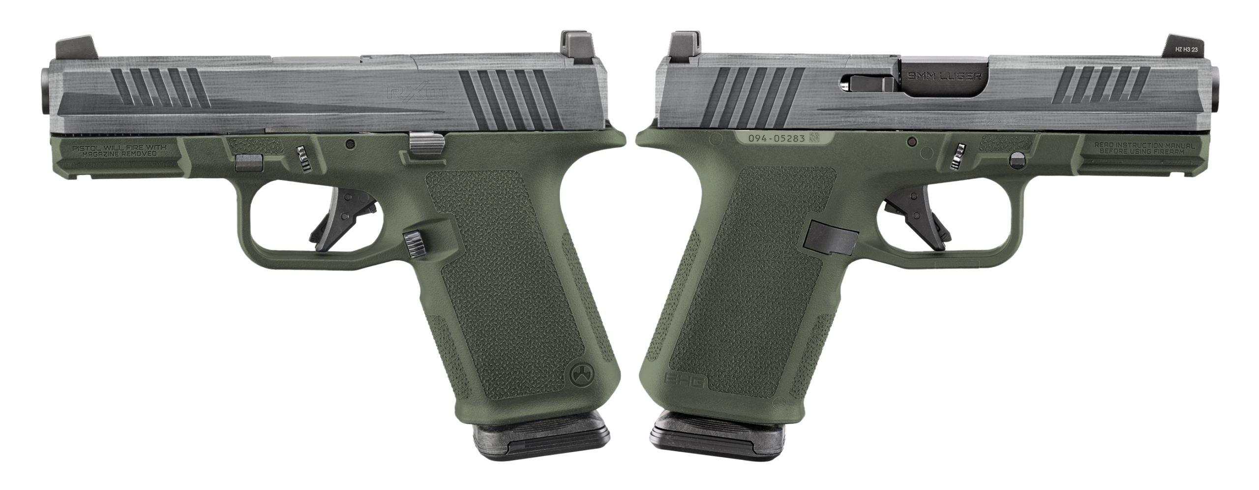 RUGER RXM 9MM PISTOL 4″ CRUSHED SILVER BATTLE WORN/GREEN O.R. 2-15RD MAGS – ORION EXCLUSIVE