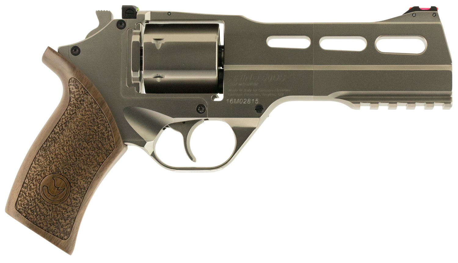 Chiappa Firearms 340223 Rhino 50DS Medium Frame 357 Mag 6 Shot, 5″ Nickel-Plated Steel Vent Rib Barrel & Cylinder, Nickel-Plated Aluminum Frame, Walnut Grip, Exposed Hammer