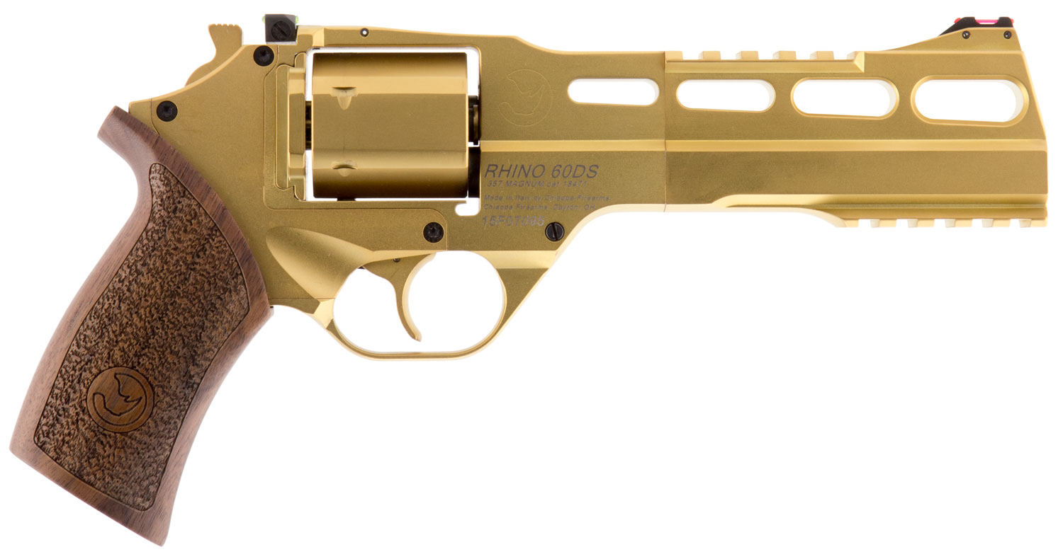 Chiappa Firearms 340225 Rhino 60DS Medium Frame 357 Mag 6 Shot, 6″ Gold Plated PVD Steel Vent Rib Barrel & Cylinder, Gold Plated PVD Aluminum Frame,  Walnut Grip, Concealed Hammer