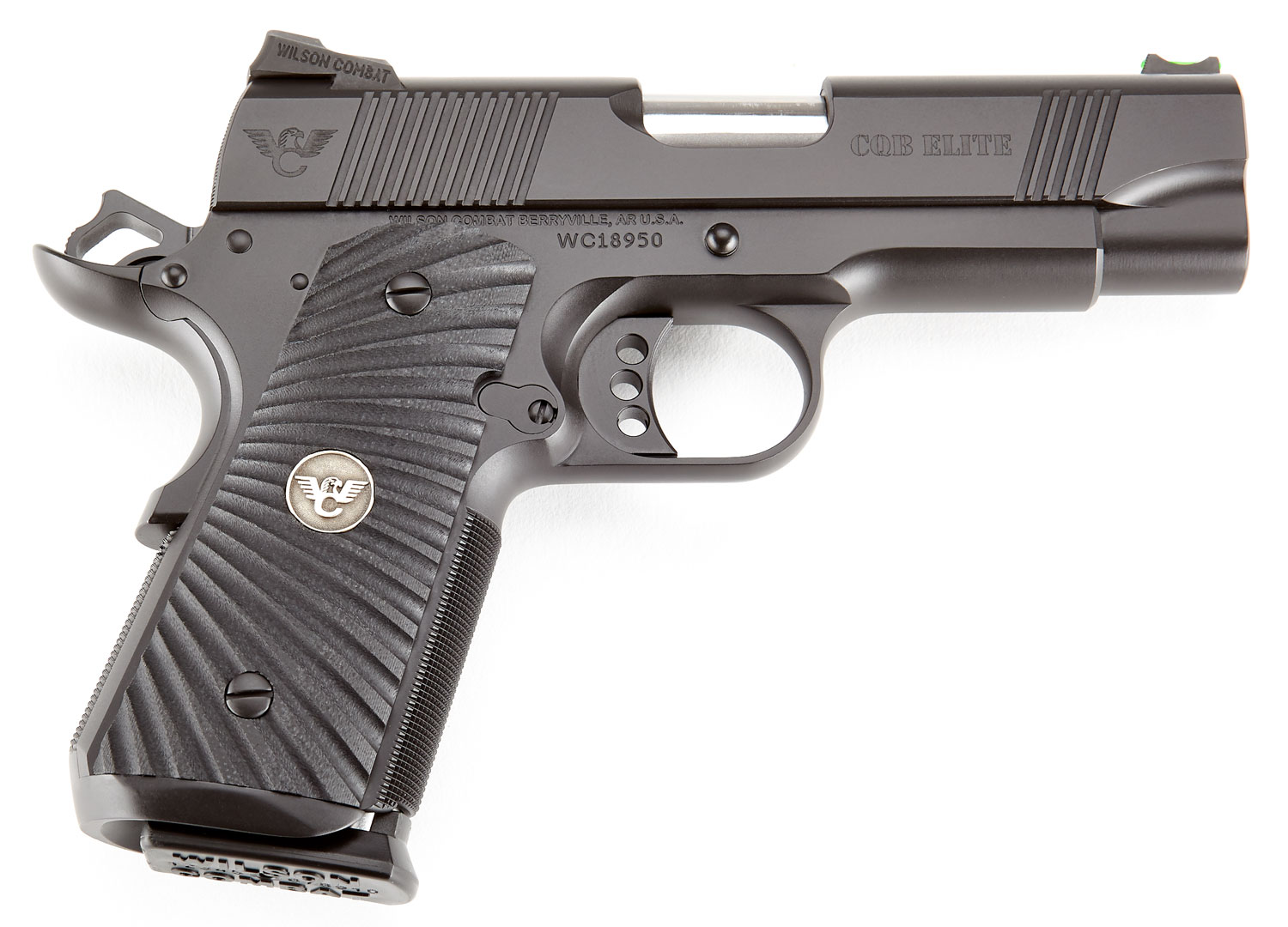 Wilson Combat CQBECP45 CQB Elite Compact Frame 45 ACP 7+1 4″ Stainless Match Grade Barrel, Black Serrated Carbon Steel Slide, Black Armor-Tuff Carbon Steel w/Beavertail, Black G10 Starburst Grip