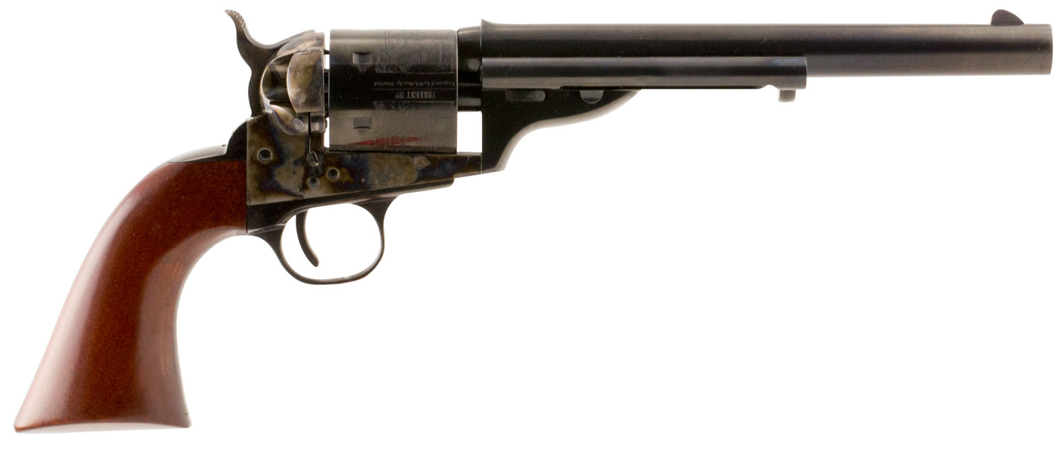 Taylors & Company 550695 1872 Open Top Uberti 38 Special 6 Shot 7.50″ Blued Octagon Barrel, Blued Engraved Cylinder, Color Case Hardened Steel Frame, Walnut Army Style Grip, Exposed Hammer