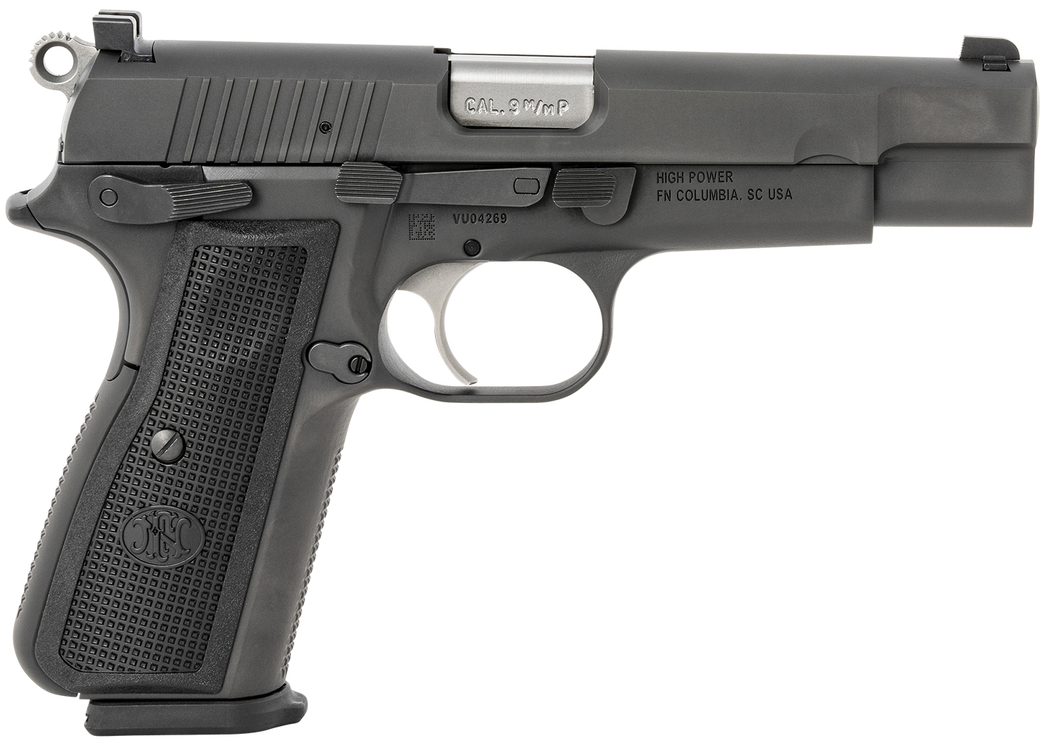 FN 66100256 High Power  9mm Luger 17+1, 4.70″ Black Target Crown Steel Barrel, Black PVD Serrated Steel Slide & Steel Frame w/Beavertail, Black Textured Polymer Grip, Ambidextrous