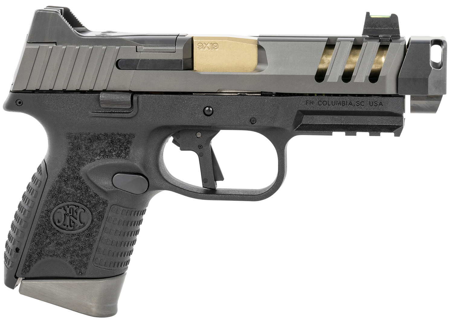 FN 66101350 509 CC Edge 9mm Luger 10+1 (3) 4.20″ Threaded Gold Barrel, Black Frame, Graphite Optic & Lightening Cut Slide, Optic Height Fiber Optic Sights, Compensator (No Manual)