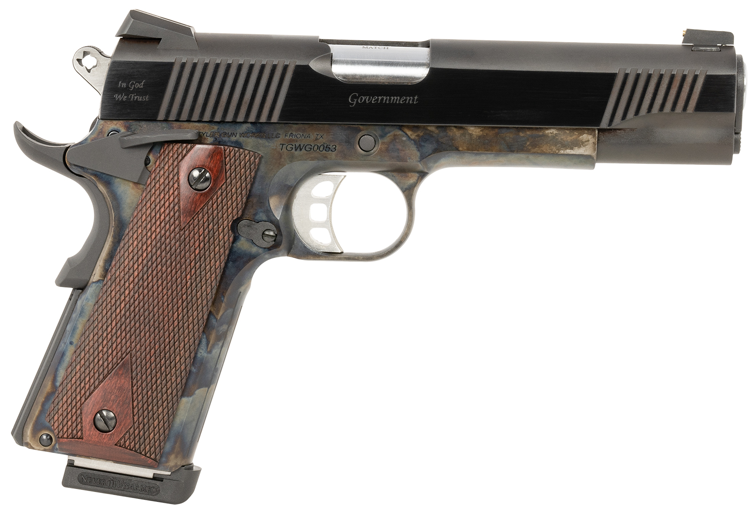 Tyler Gun Works TGWGVCC45 Custom 1911 Government Full Size Frame 45 ACP 7+1 5″ Stainless Match Grade Barrel, Blued Serrated Steel Slide, Color Case Steel Frame w/Beavertail, Walnut Grip