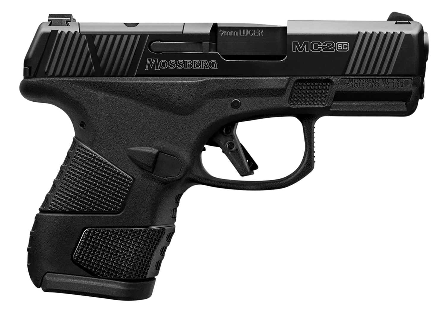 Mossberg 89046 MC2sc Sub-Compact 9mm Luger Caliber with 3.40″ Barrel, 10+1 Capacity, Matte Black Finish Frame, Serrated/Optic Cut Black DLC Stainless Steel Slide & Aggressive Textured Polymer Grip