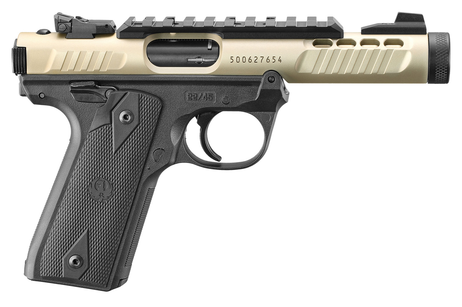 Ruger 43955 Mark IV 22/45 Lite 22 LR 10+1 4.40″ Stainless Threaded Barrel, Champagne Anodized Serrated Slide w/Picatinny Rail, Black Anodized Polymer Frame, Black Checkered 1911-Style Grip