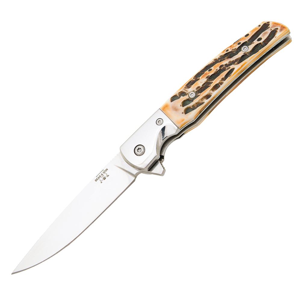 Bear & Son Rancher Sideliner Folding Knife 3-3/8″ Drop Point Blade Stag Bone